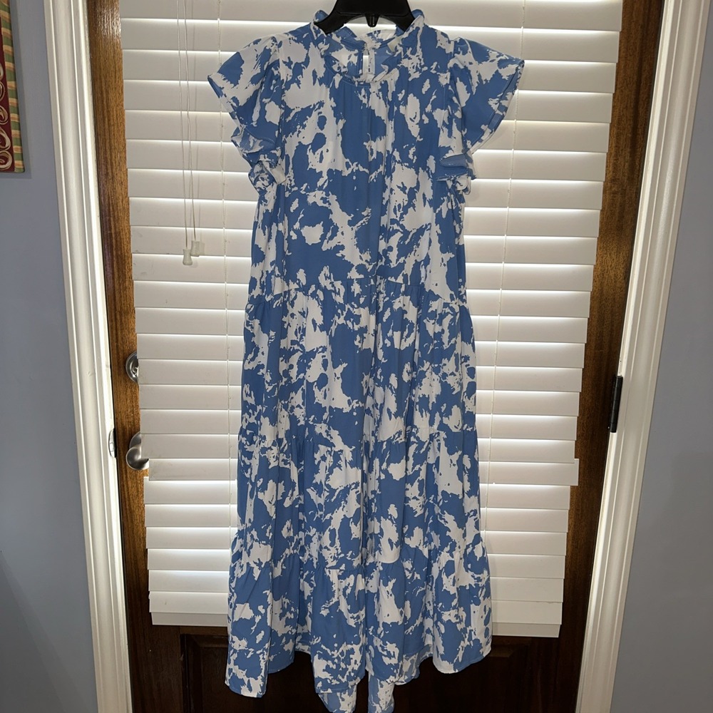 Pinch Womens Rilo Abstract Tiered Midi Dress Size Medium Blue White